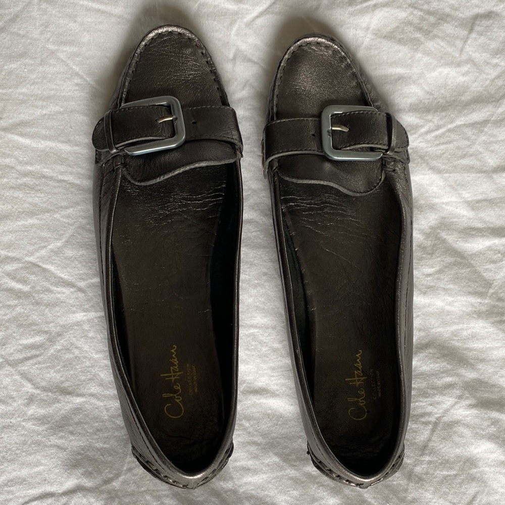 Cole Haan leather loafers, size 8 1/2, metallic dark grey, great condition.